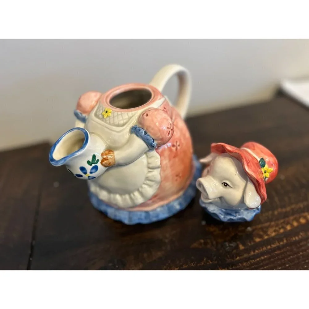 Vtg OTAGIRI Teapot Pig Hand-Painted Ceramic 9